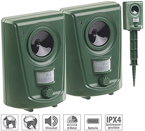 Royal Gardineer Taubenabwehr Ultraschall: 2er-Set Universal-Ultraschall-Tierschreck, Bewegungssensor, für 60 m² (Hochfrequenz Hundeabwehr, Taubenschreck, Hund)