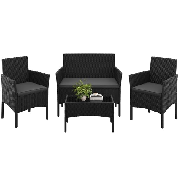Yaheetech Rattan Gartenmöbel-Set, 4-teilig, Outdoor Lounge Möbel, Tisch, 2 Stühle, 2-Sitzer-Bank, mit Outdoor Kissen wetterfest, Terrassenmöbel, für Terrasse (Schwarz (Rattan) & Grau (Kissen))