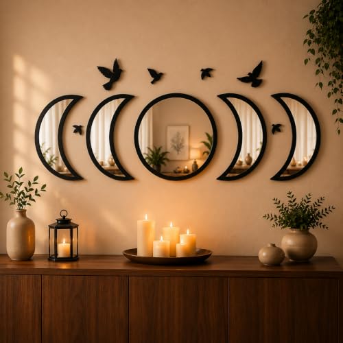 NESHE Moon Phase Mirror Wall Decor Set with Birds | Gothic Witchy Boho Wall Mirror Decor | Scandinavian Aesthetic Home Decor for Bedroom Living Room (Black)