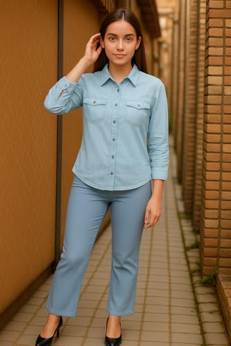 Image of Wingzss Classic Light Blue Denim Button-Down Shirt, Long Sleeve, Casual Style, Front Pockets