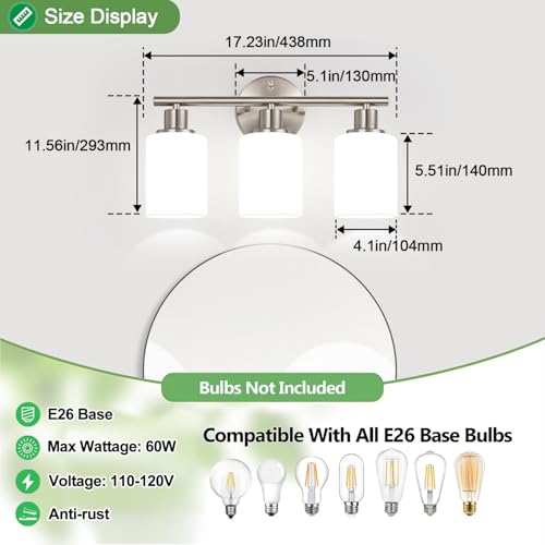 Image of Zarbitta 3-Light Bathroom Light Fixtures, Brushed Nickel Vanity Light, Farmhouse Wall Lights with Milky White Frosted Glass Shades, Bathroom Wall Lamp for Mirror Kitchen Bedroom Hallway Living Room