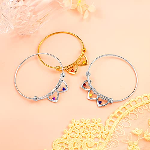 Custom Name Bracelets With 3 Hearts Simulated Birthstones Free Engraved Personalized Bangle Bracelets For Women Girls (Gold-2Names) #TOP2