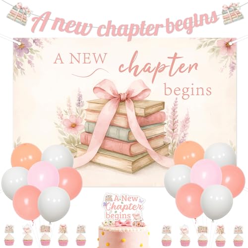 Storybook Baby Shower Decorations Set for Girl, A New Chapter Begins Pink Bow Book Theme Backdrop Banner Cake Toppers and Balloons, Coquette...