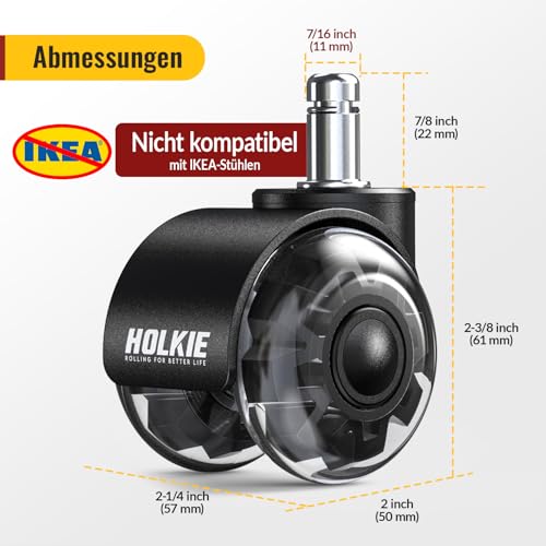 HOLKIE Bürostuhl Rollen 11mm Schwarz Gummi Rollen für Bürostühle 10er-Packung Schreibtischstuh mit Doppelrädern Stuhlrollen für Parkett Geeignet Harte Böden Leises & Sanftes Gleiten