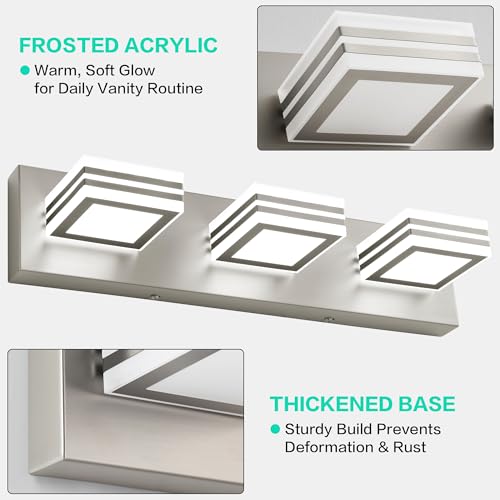 Image of SOLFART LED Bathroom Vanity Light Fixtures: 3 Light Brushed Nickel Modern Acrylic Bathroom Wall Lighting Fixtures Over Mirror 20in