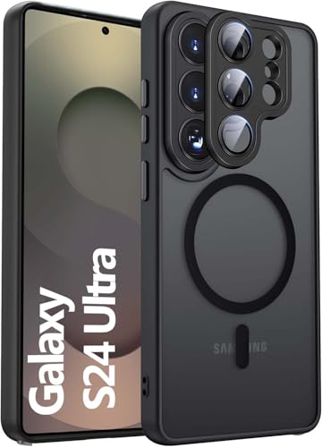 Elzzi Magnetic for Samsung S24 Ultra 5g Case, Upgraded [Full Camera Protection] [Compatible with Magsafe] [Translucent Matte] Shockproof Protective Phone Case for Men & Women - Black