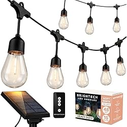 Brightech Ambience Pro – Solar Power Remote Control Outdoor String Lights with Edison Bulbs – Shatterproof, Commercial Grade LED Waterproof Patio Lights – 1W, 3,000K, Hanging, 48 ft