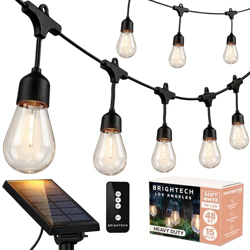 Brightech Ambience Pro – Solar Power Remote Control Outdoor String Lights with Edison Bulbs – Shatterproof, Commercial Grade LED Waterproof Patio Lights – 1W, 3,000K, Hanging, 48 ft