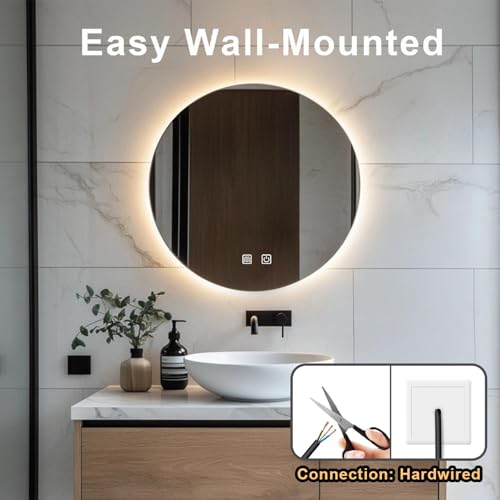 JAMUBOCHE LED Bathroom Mirror For Over Sink, 60CM Electric Round Vanity Mirror With Backlit Lights For Shower Shaving, Fogless Wall Mounted Dimmable 3 Color Lighting, IP54 - Image 6