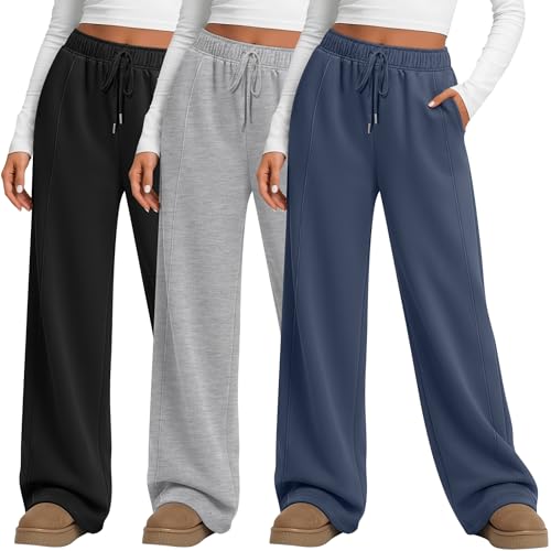 Image of Huukeay 3 Pack Women's Wide Leg Sweatpants High Waisted Baggy Pants Casual Lounge Drawstring Athletic Joggers with Pockets