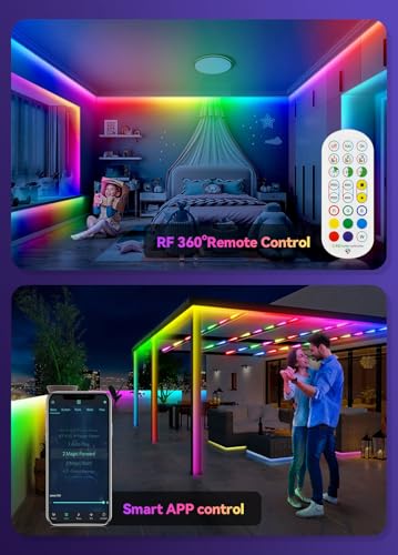 Image of 50FT RGB+IC LED Strip Lights Outdoor Waterproof IP67, DIY Multiple Colors Smart LED Lights Bluetooth App Control RF Remote Color Changing Rope Light for Patio Balcony Garden Eaves Deck