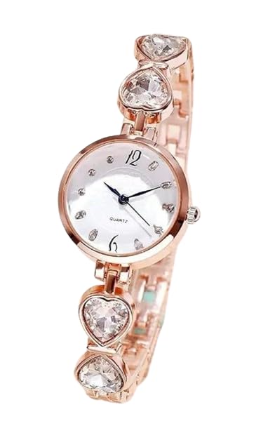 JEELZONE Elegant Heart Link Bracelet Watch for Women Quartz Analog Dial Rhinestone Studded Strap Wrist Watch Gift Fashion Jewellery Style