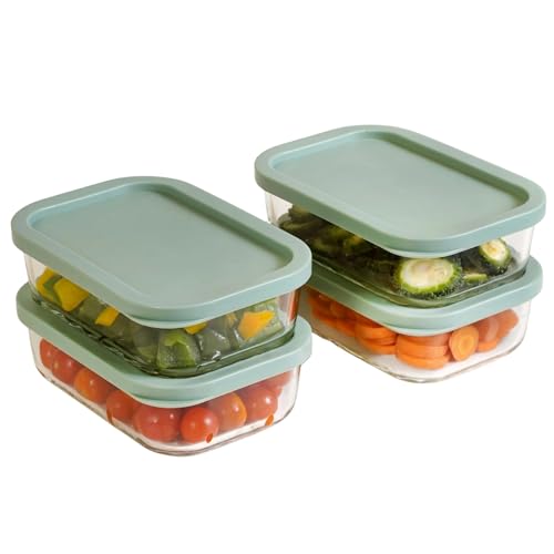 Image of Nestasia Groovo Glass Containers for Fridge Storage Set of 4 (520ml Each) - Transparent Stackable Glass Container with Lid, Microwave & Dishwasher Safe Containers with Ribbed Texture (Green)