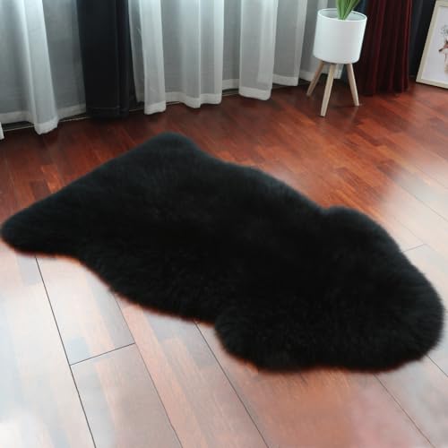 Premium Genuine Fur Sheepskin Rug Real Australia Sheepskin Natural Luxury Fluffy Lambskin Fur Area Rug Seat Covers for Kids Bedroom Sofa Chair Cover (Black, Single Pelt/2ft x 3ft)