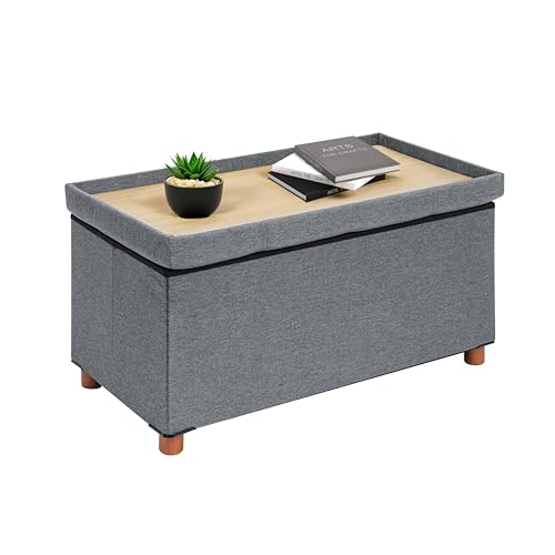 B FSOBEIIALEO Storage Ottoman with Tray, Foot Stools and Ottomans with Legs, Storage Cube Seat Linen Grey 30"