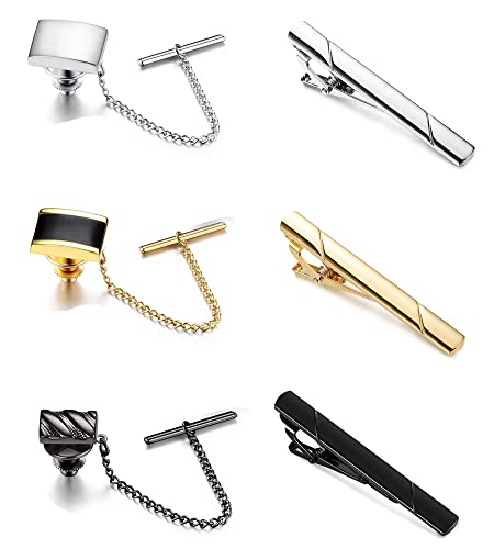 Image of Thunaraz Tie Tacks for Men Tie Bar Clip for Regular Ties Necktie Mens Ties Tacks Clutch with Chain for Wedding Business Pin Clips Mixes Color