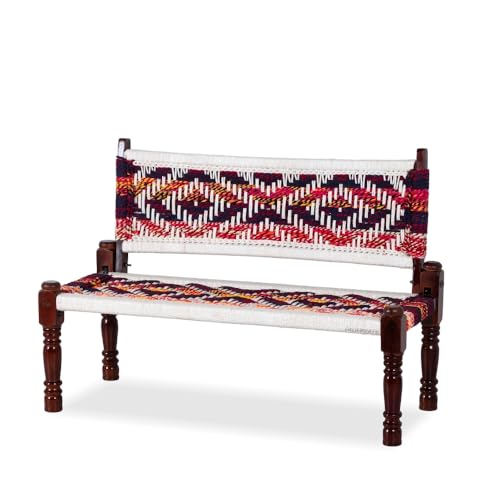 Image of Srima Wooden Bench for Living Room | Handcrafted Sheesham Wood Backrest Bench for Balcony & Garden | Traditional Patio for Outdoor with Chindi & Cotton Handwoven Rope | Chindi & White