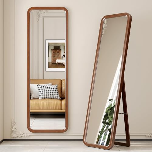 dnbss 63"x18" Wooden Full Length Mirror, Solid Wood Frame Full Body Mirror, Standing Floor Mirror, Stand or Wall-Mounted Mirror, Dressing Mirror for Bedroom, Rustic Mirror, Walnut