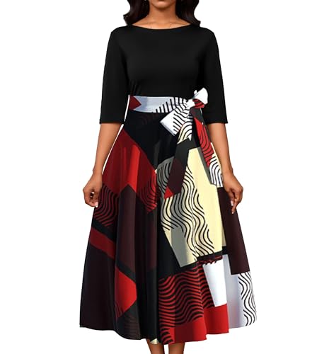 IbuduSexy Church Dresses for Women Boho Maxi Dress Color Block Half Sleeve with Belt Black