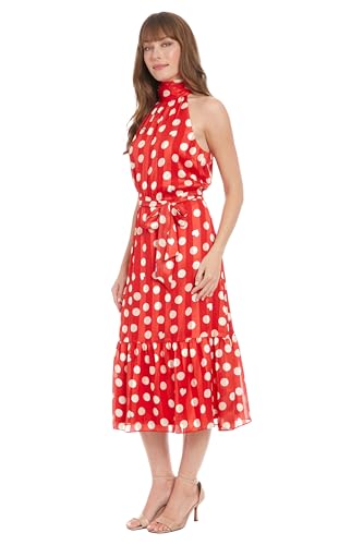 London Times Women's Elastic Waist Halter Dress with Tier and Sash2