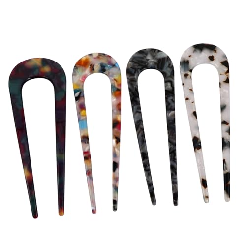 DRESSOOS 4個 レトロ字形ヘアフォーク シンプル醋酸アセテート製 髪飾り レディースヘアピン 丸子頭やお団子スル用 エレガントな和風ヘッド