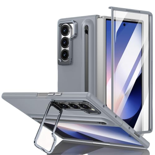 Samsung Galaxy Z Fold 7/6/5/4/3用メタルレンズホルダー電話カバー、スクリーンガラス付きSペンスロット付き耐衝撃ケース、グレー、Samsung Galaxy Z Fold 4用