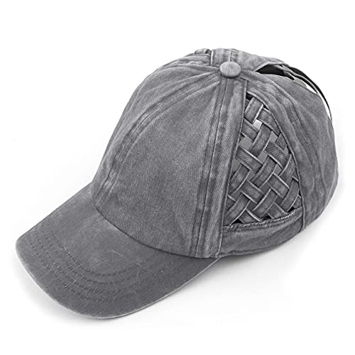 Funky Junque Criss Cross Hat Womens Baseball Cap Distressed Ponytail Messy Bun Trucker Ponycap (Basketweave - Grey) #TOP6