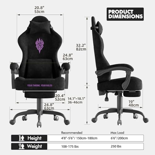 Image of Soontrans Black Velvet Fabric Gaming Chairs with Footrest, Ergonomic Comfortable Video Gamer Chair, Reclining Office Computer Desk Game Chairs with Massage Lumbar Cushion,Headrest for Adult