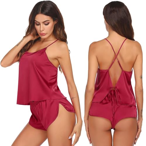 Image of Ekouaer Silk Pajamas Set for Women Satin Backless Lingerie Pjs Cami Top and Shorts Nightwear