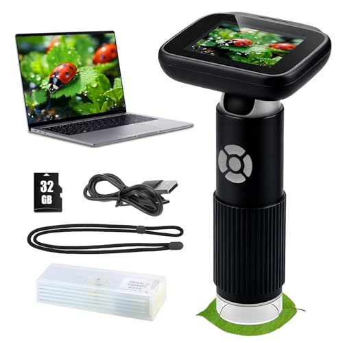 Microscope for Kids with 32GB Card, Adjustable 2.4inch IPS LCD Screen 5 Slides 1000X 1080P Digital Handheld Kids Microscope, Mini Portable Pocket Miniscope Science Toys Gifts for Boys Girls Aged 3-12