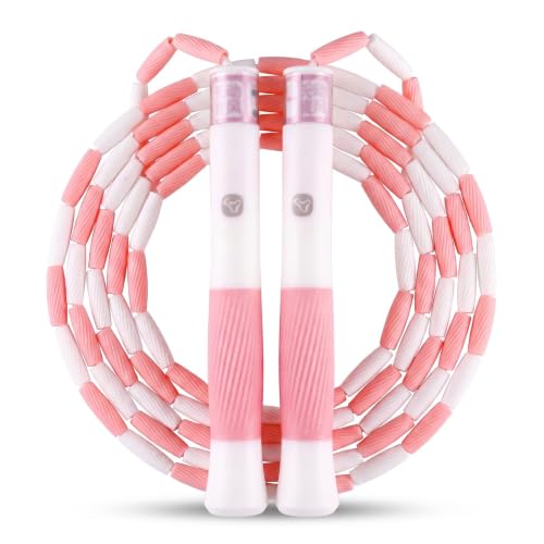 YUEDONG Adjustable Tangle-Free Beaded Jump Rope Lightweight Non-Slip Ergonomic Handle Fitness Skipping Rope for Indoor Outdoor Cardio Workout Sports Training(Pink 2.8M)