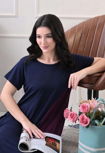 Image of Women's Night Dress Short Sleeve Round Neck Sleepwear with Stylish Contrast Panel, Comfortable Nightwear for Women