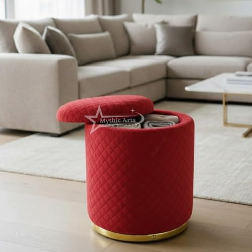 Image of Premium Round Storage Ottoman Stool 13 X 13X 16 inch, with Gold Metal Base | Luxury Pouffe with Hidden Storage | Cushioned Footrest for Living Room, Bedroom & Lounge Maroon