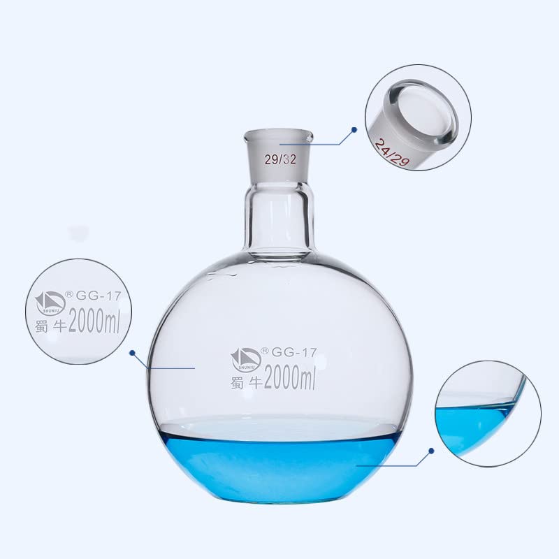 1 unids/Lote Capacidad 50/100/150/250/500/1000/2000ml matraz de Fondo Plano de un Solo Cuello matraz de reacción Redondo de Laboratorio de Cuello estándar (Size : 1000ml Caliber 19)