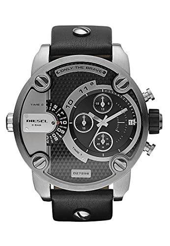 Diesel Men's Little Daddy Quartz Stainless Steel and Leather Chronograph Watch, Color: Grey, Black (Model: DZ7256)