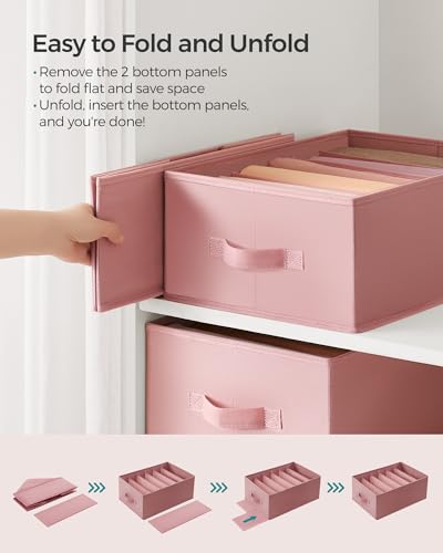 Image of SONGMICS Set of 4 Large Size Wardrobe Clothes Organizers, Jelly Pink | 6-Compartment Foldable Drawer Organizers with Handles, 16.5 x 11.8 x 6.7 Inches, for Pants, Sweaters, Jeans URUS009R01