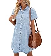LookbookStore Women's Short Sleeve Button Down Flowy Tiered Babydoll Denim Dress