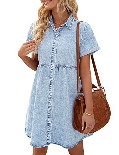LookbookStore Plus Size Denim Dress for Women 2025 Summer Jean Dress Short Sleeve Denim Shirt Dresses for Casual Roadknight Blue Size XXL Size 20 22