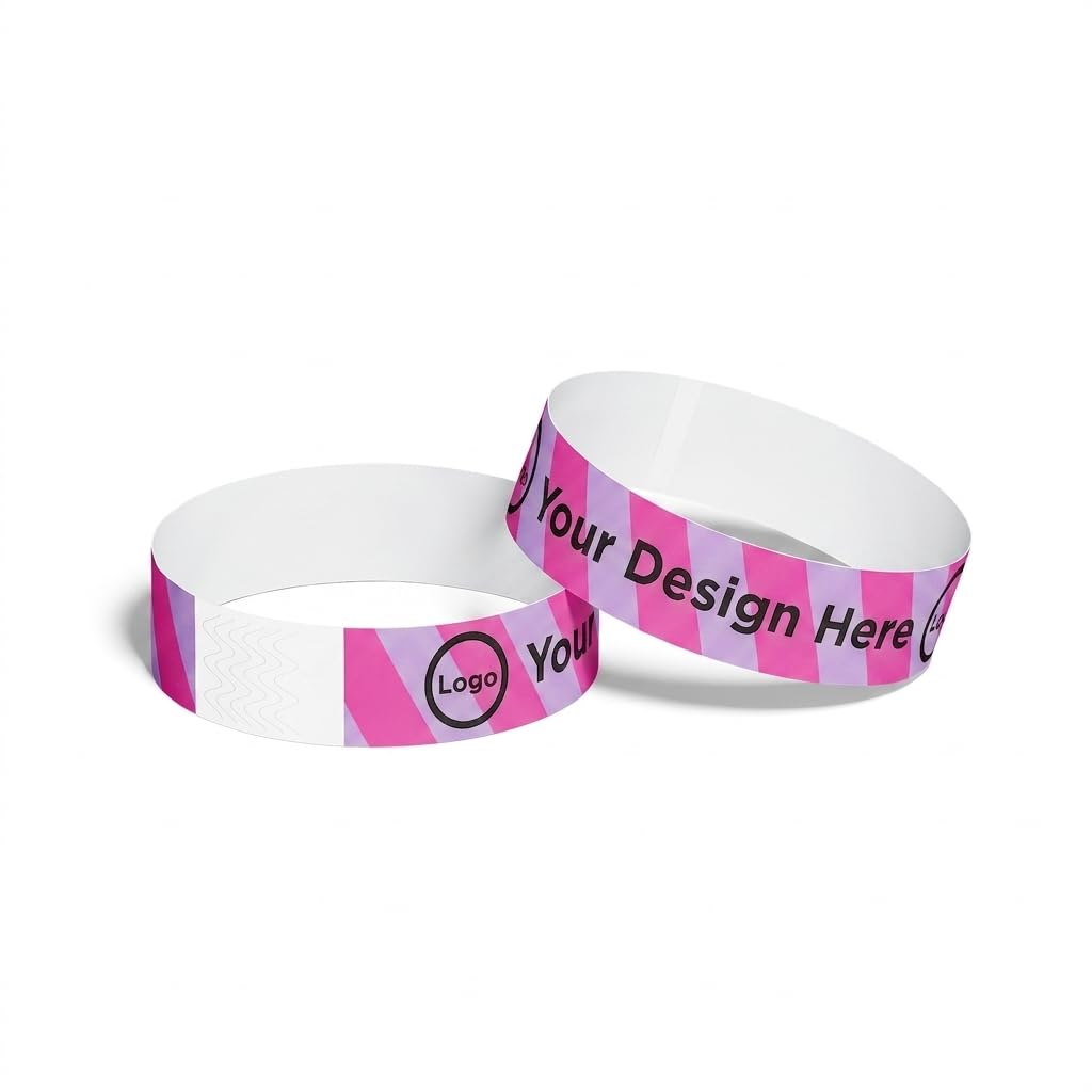 ID&C Printed Striped Tyvek Paper Event Wristbands – 100 Numbered Tamper Proof Security Wristbands for Events and Festivals – Lavender and Neon Pink Stripe