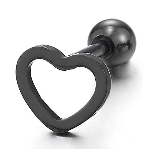Black Flat Open Heart Stud Earrings Of Stainless Steel For Women, Screw Back, 2Pcs #TOP1
