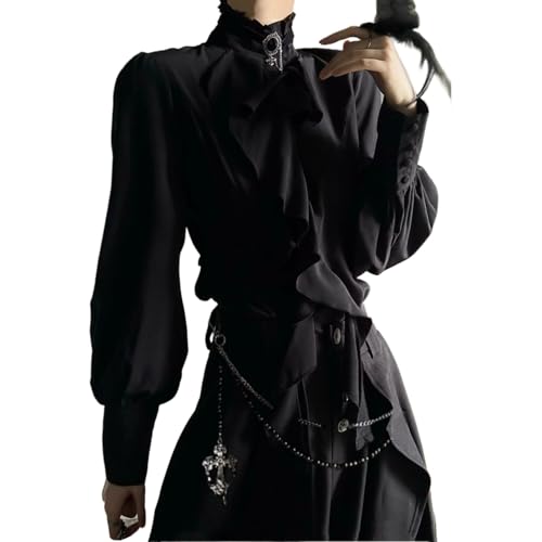 Ouji Fashion Shirts Victorian Blouses Vkei Clothes Retro Gothic Medieval Renaissance Tops Goth Visual Kei Outfit (Black,Medium)