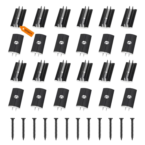 SUPAWAY 100 Pcs Clips Noir pour Planchers en Bois en Plastique T-Clips pour Planches de Terrasse 6 mm Espacement Entretoises Cachées avec 100 Vis pour...