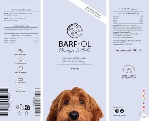 Barf Öl für Hunde 500ml Barföl mit Omega 3-6-9 aus: Lachsöl, Rapsöl, Hanfsamenöl & Borretschöl - Futteröl für Hund als Futter Topping (Barf Zusatz)