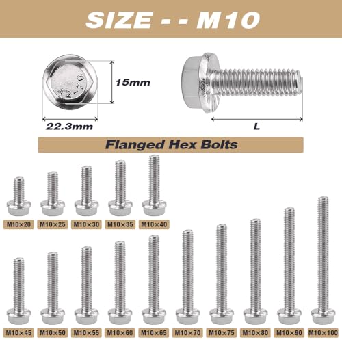 Image of M10-1.5 x 60mm (6 pcs) Flanged Hex Bolts, 304 Stainless Steel 18 /8, Large Washer Head Automotive Screws for Car Parts & Machinery Replacement