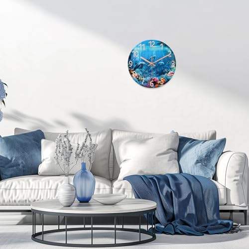 Image of XFM Blue Ocean Wall Clock 12 Inch Beach Themed Dolphin | Battery Operated Tropical Nautical Modern Glass Decorative for Living Room Bedroom Kitchen Office Silent Non Ticking