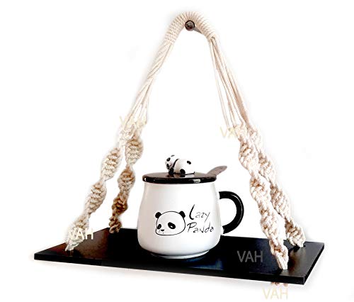 Image of VAH Wall Hanging Shelf, 1 Black Wood Floating Shelves for Wall Rustic Rope Shelves Plant Shelf Farmhouse Decor for Living Room Bathroom Bedroom Kitchen Apartment -Wood Hanging Shelf Bohemian