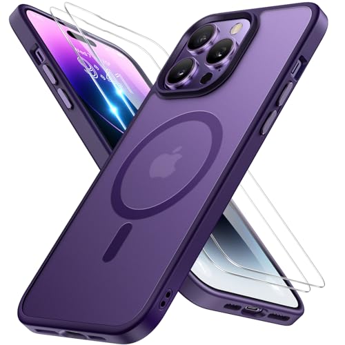 Image of Miracase Magnetic for iPhone 14 Pro Max Case 6.7 inch (Compatible with MagSafe)(with 2X Screen Protectors) Military-Grade Protection, Anti-Fingerprint Translucent Matte Phone Case Cover, Dark Purple