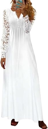 Womens Vintage Empire Waist Floral Maxi Dresses Crochet Lace Lantern Long Sleeve Dress Ruched Casual Elegant Dress for Women