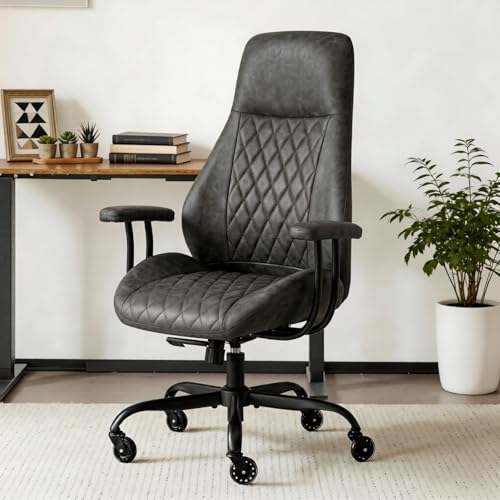 Image of E-Motie Leather Office Chair, Mid Century Modern Desk Chair, Dark Grey | Ergonomic, Lumbar Support, 360 Swivel & Rolling Wheels, Adjustable Height, for Adults & Women