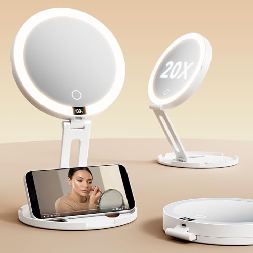 eeuuty Travel Makeup Mirror with Lights (Gen 3) - 20X/1X Dual Sided Magnifying Mirror with Digital Power Display - Rechargeable, 3 Color Dimmable, CRI 95+ - Portable Folding Design